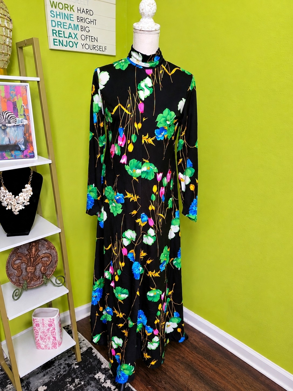 1970's Olga Black Maxi Dress with Green, Blue & Pink Floral Print